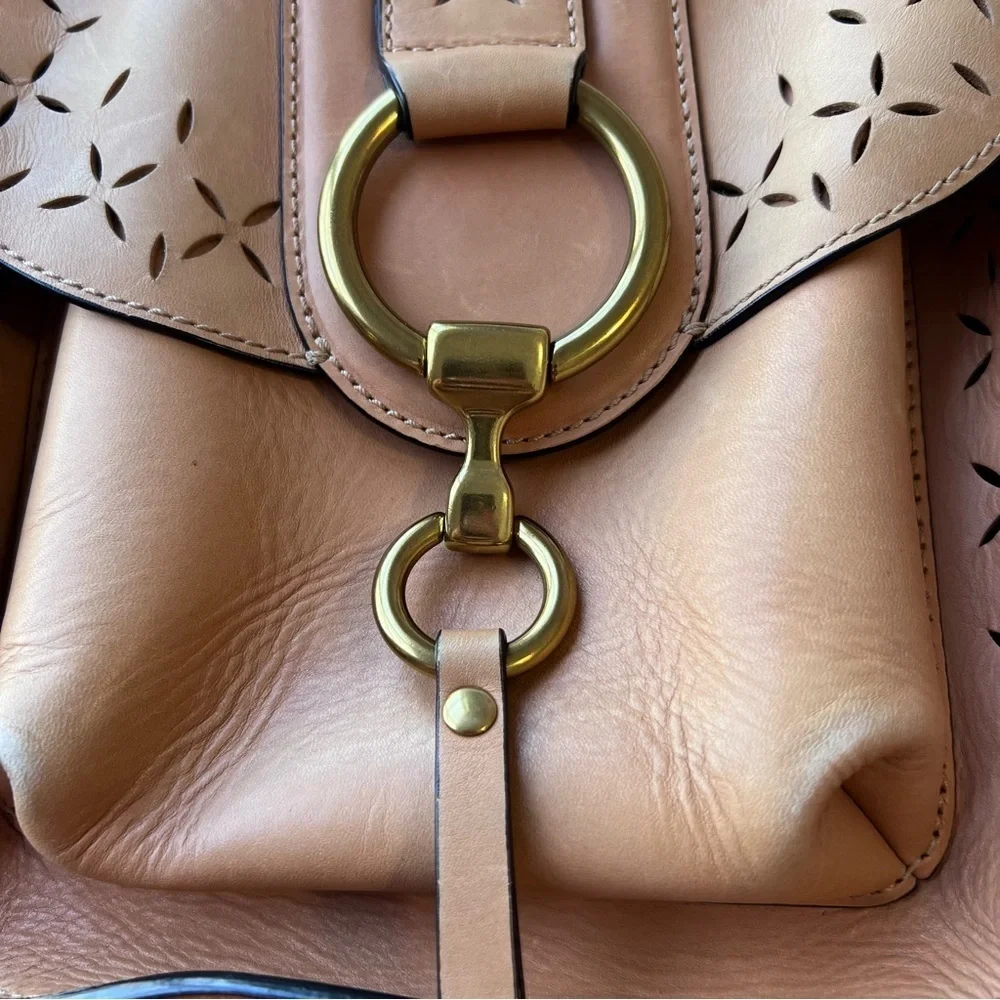 FRYE Ilana Perforated Harness Saddle Crossbody Small Leather Bag Purse Tan
